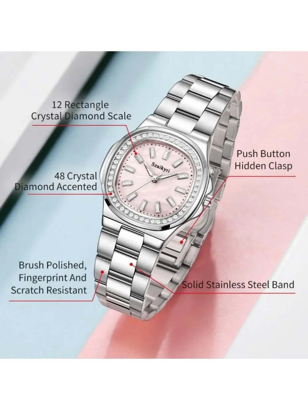 Women's Silver Pink Crystal Accented Solid Stainless Steel Band Wrist Watch